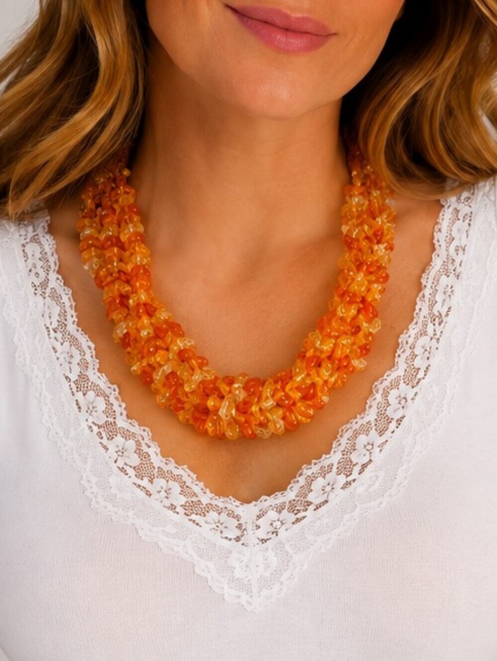 Vintage Chunky Orange and Yellow Acrylic Multi-strand Beaded Necklace